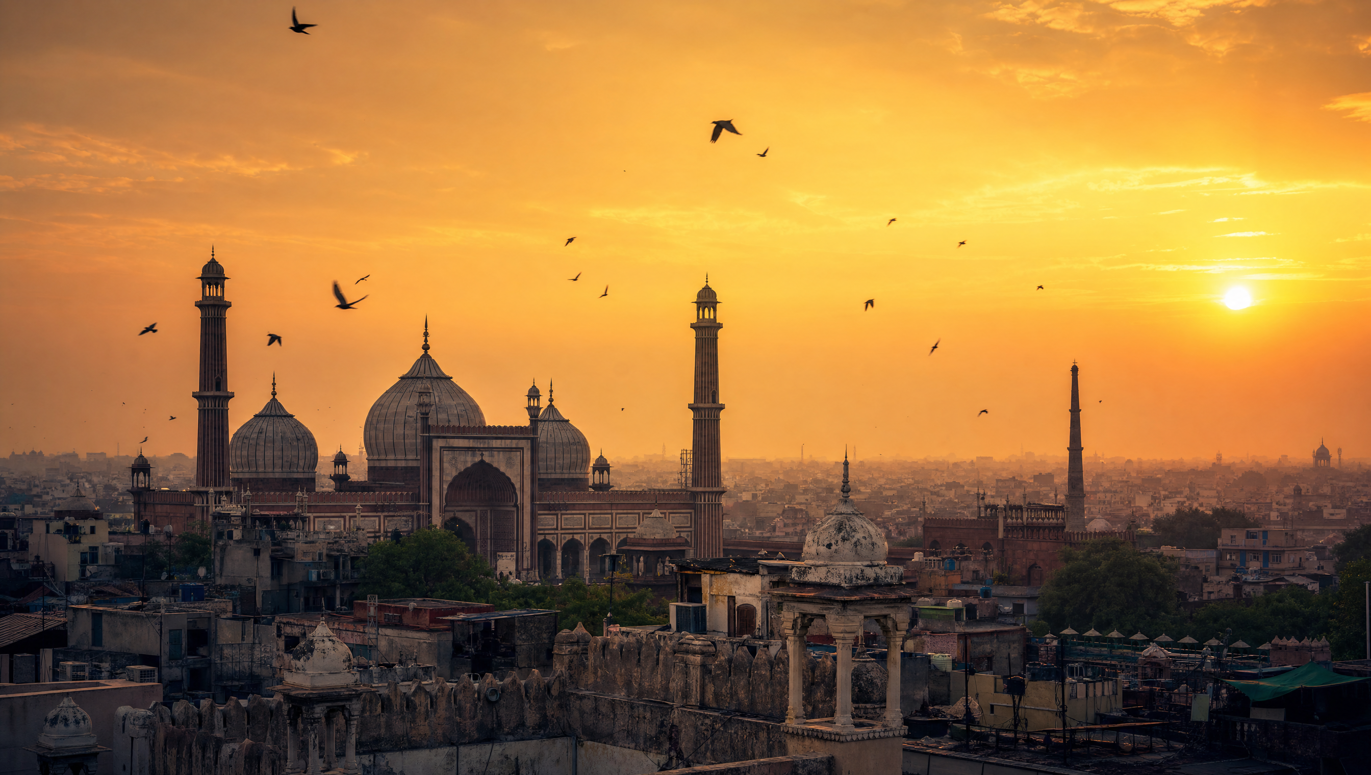 Delhi cityscape at golden hour with Jama Masjid domes